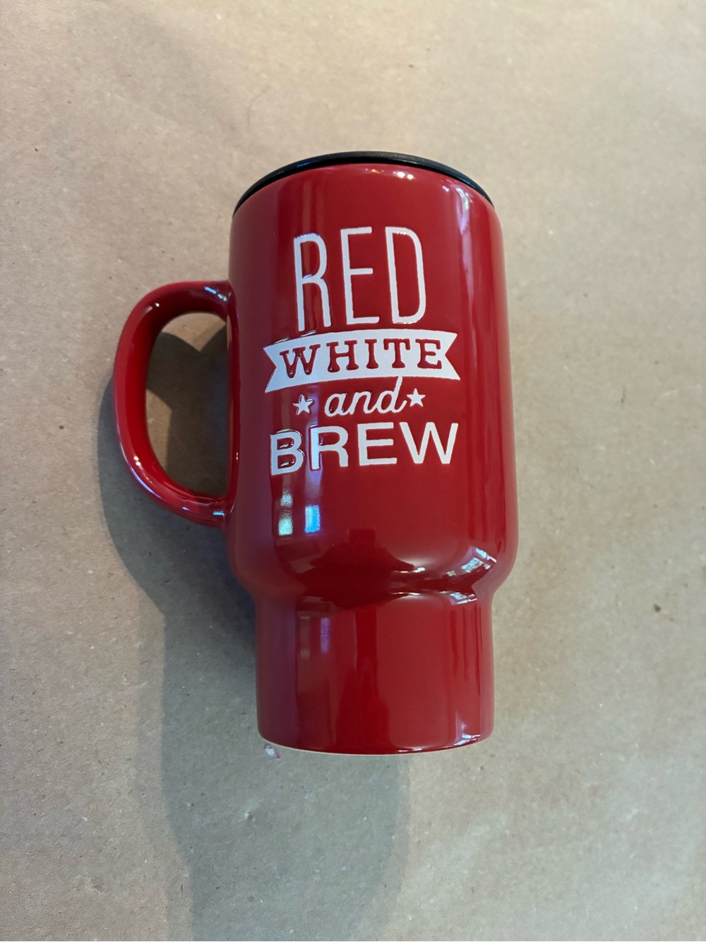 Red Ceramic Travel Mug with 'Red White and Brew' Print 16oz With Lid